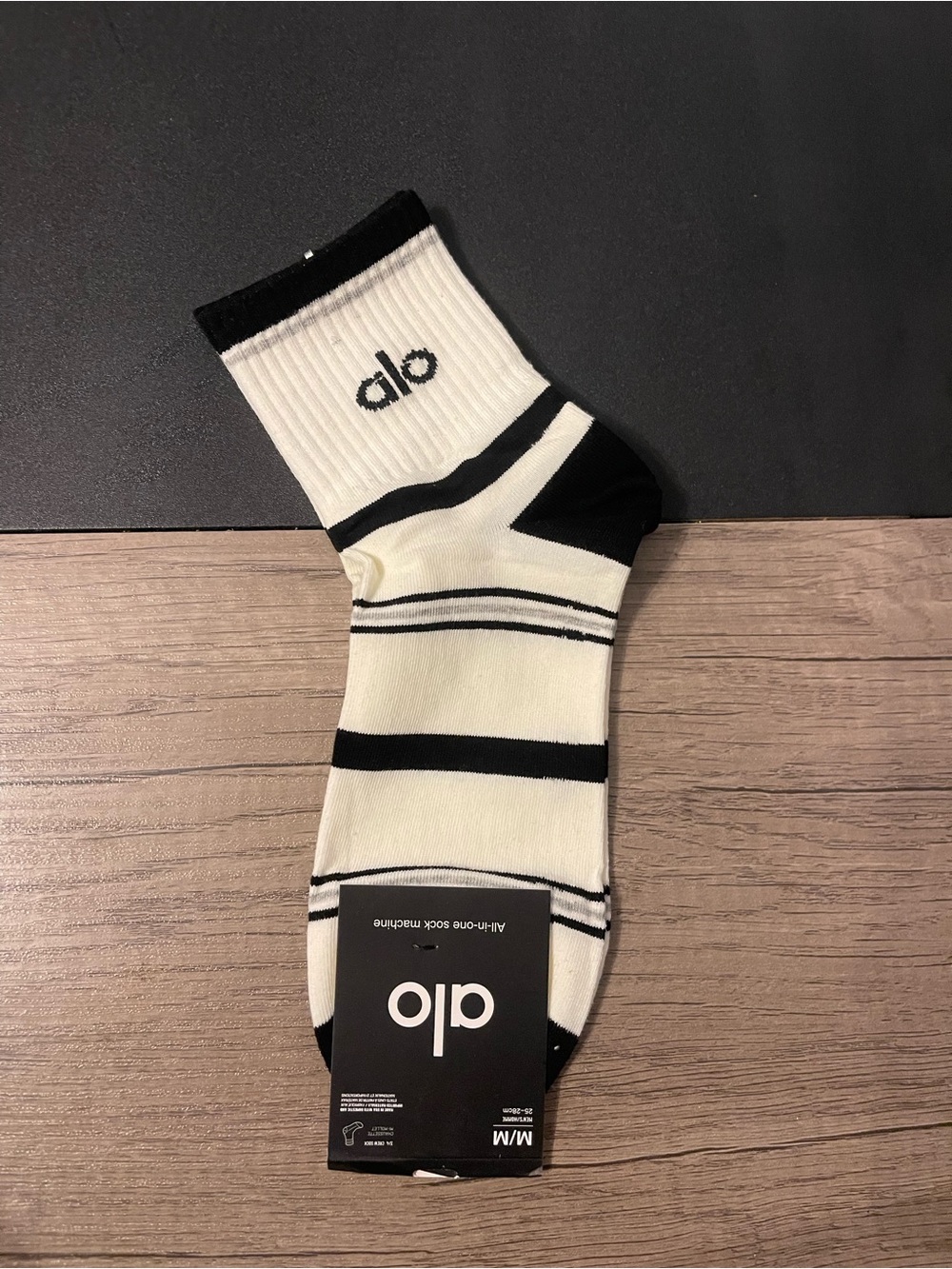 ALO Yoga Men’s Crew Socks in Black and Cream Stripe